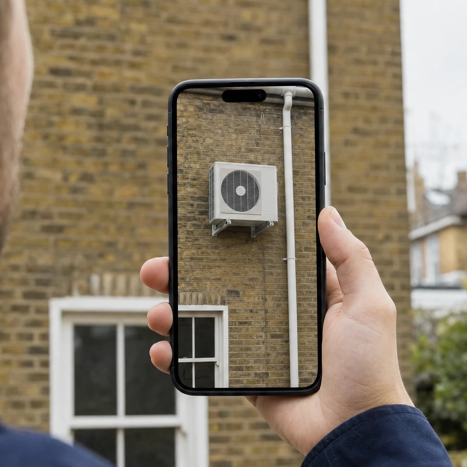 An installer holding an iPhone up to the bare brick back wall of a terraced house; on the screen, the same wall with an outdoor condenser unit placed on it in augmented reality