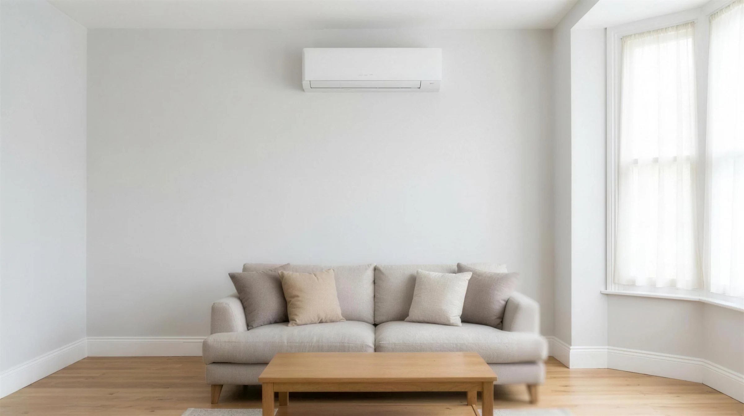 A bright living room with a wall-mounted air conditioning unit above the sofa