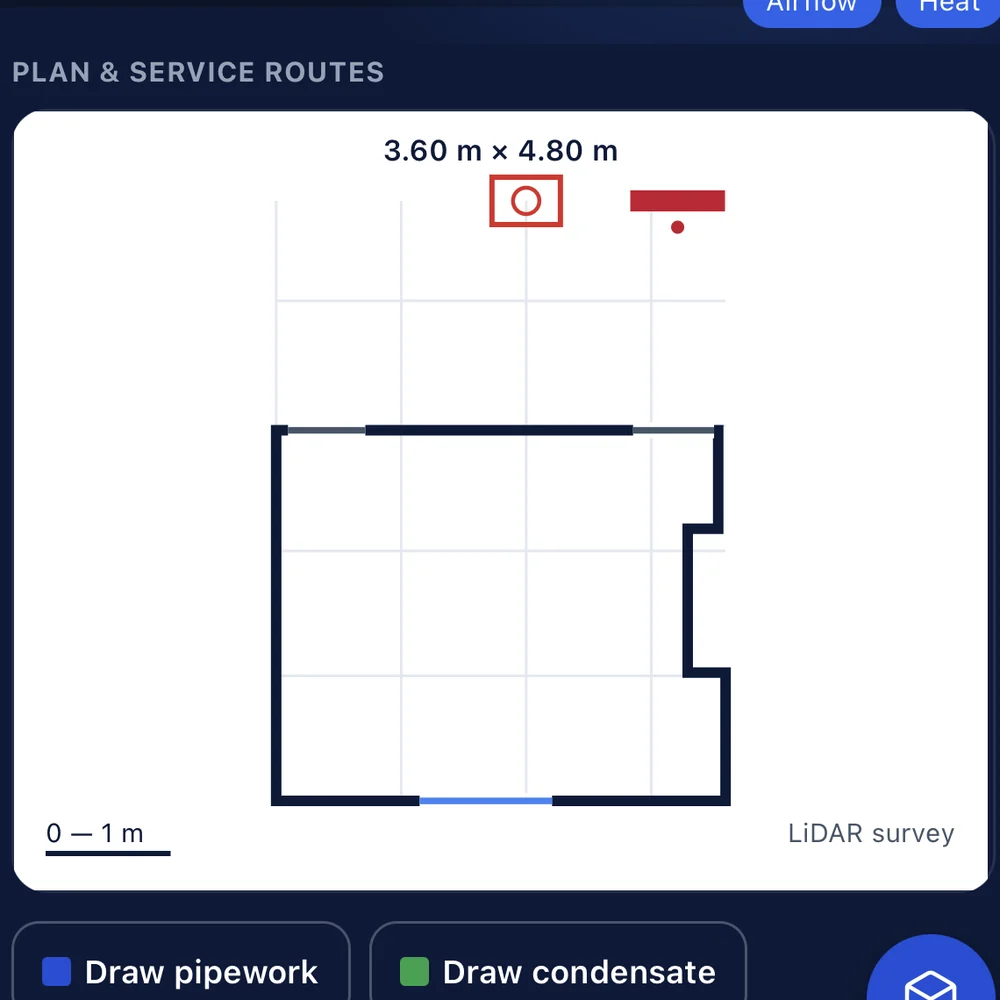 Vento plan and service routes sheet showing a 3.60 m by 4.80 m room with a 1 metre grid, marked LiDAR survey