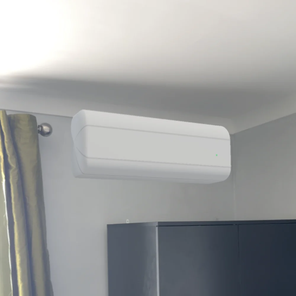 Augmented reality view of a wall-mounted air conditioning unit on a real living room wall